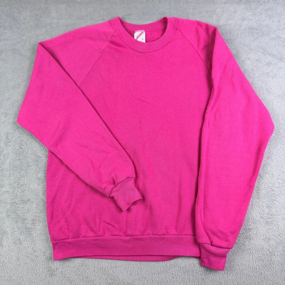 Vintage Jerzees Pink Raglan Sweatshirt Made in USA Crewneck Large Hot Pink 90s